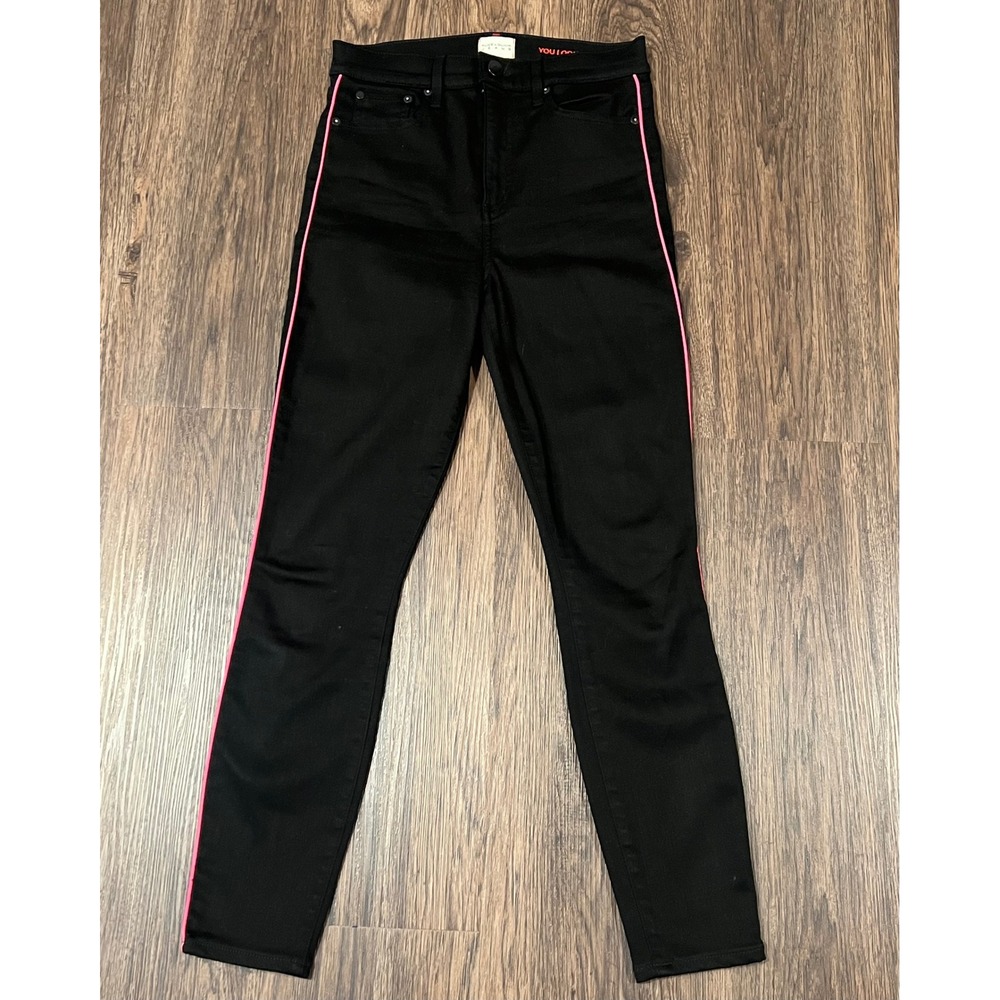 Alice + Olivia Jeans Black Skinny Neon Pink Stripe High Rise Denim Size 26